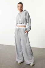 Trendyol Grey Melange Wide Leg Cargo Pocket Woven Garni Detailed Thick Knitted Sweatpants