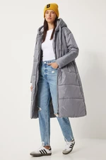 Happiness İstanbul Women's Gray Hooded Long Puffer Coat