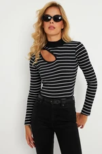 Cool & Sexy Women's Black-White Cross Neck Half Turtleneck Blouse B1404