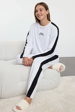 Trendyol White Cotton Slogan Striped Knitted Pajamas Set