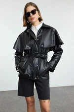 Trendyol Black Regular Fit Belted Detachable Cape Detailed Faux Leather Coat