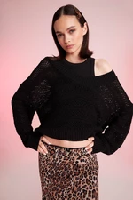 DEFACTO Black Regular Fit V Neck Crochet Knit Sweater