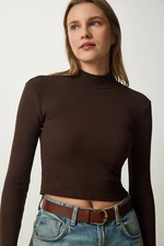 Happiness İstanbul Women's Dark Brown Ribbed Turtleneck Crop Knitted Blouse