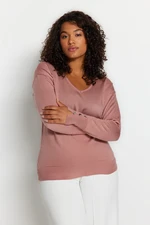 Trendyol Curve Dusty Rose V-Neck gombík detailný pletený sveter