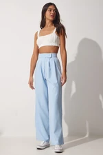 Happiness İstanbul Women's Sky Blue Loose Trousers with Velcro Closure on the Waist