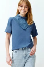 Trendyol Indigo Embroidered High Neck Basic Fit Cotton Knitted Blouse