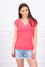 Blouse with lace neckline pink neon