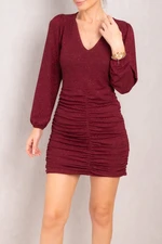 armonika Women's Burgundy Skirt Gather Detailed V-Neck Silvery Mini Dress