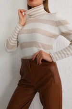 BİKELİFE Women's Beige Striped Soft Textured Lycra Basic Knitwear Sweater