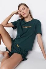 Trendyol Dark Green 100% Cotton Embroidered Ruffle Detail T-shirt-Shorts Knitted Pajamas Set