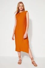 Trendyol Orange Padded Shift/Plain Pleated Midi Knitted Dress