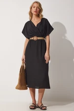 Happiness İstanbul Women's Black Straw Belt Summer Airobine Dress