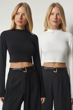 Happiness İstanbul Women's Black Ecru Stand Up Collar 2-Pack Sandy Crop Top