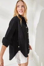 Olalook Women's Black Oversized Woven Shirt with Buttons at the Sides