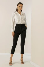 By Saygı Belted Waist, Side Pockets, Pleated Skinny Leg Crepe Trousers.