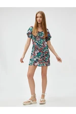 Koton Floral Dress Mini Balloon Sleeves Square Neck Draped