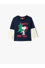 Koton Christmas Theme Snoopy Licensed T-shirt with a Long Sleeves Camouflage Crew Neck.
