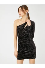 Koton Velvet Mini Evening Dress One-Shoulder Window Detailed