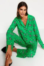 Trendyol Green Zebra Patterned Shirt-Pants Woven Pajamas Set