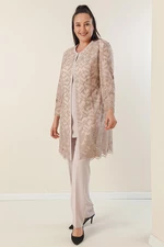 By Saygı Plus Size 3-piece Crepe Set with Beading and Guipure Lined Jacket, Blouse and Pants.