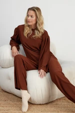 Trendyol Brown Smocking Detailed Crepe T-shirt-Pants and Knitted Pajamas Set