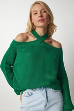 Happiness İstanbul Women's Dark Green Open Shoulders Knitwear Sweater