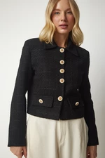 Happiness İstanbul Women's Black Stylish Button Detailed Tweed Crop Jacket