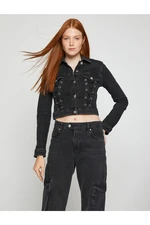 Koton Crop Denim Jacket Eyelet Detailed