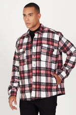 AC&Co / Altınyıldız Classics Men's Ecru Red Oversize Loose Cut Button Collar Pocket Plaid Patterned Lumberjack Winter Shirt Jacket