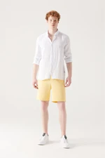 Avva Men's Yellow 100% Cotton Side Pocket Elastic Waist Linen Textured Relaxed Fit Comfy Cut Shorts