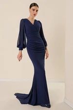 By Saygı Navy Blue Double Breasted Collar Long Chiffon Dress