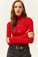 Olalook Women's Red Turtleneck Finger Detailed Lycra Blouse