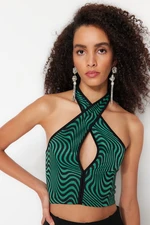 Trendyol Black-Green Crop Knitted Window/Cut Out Detailed Animal Patterned Bustier