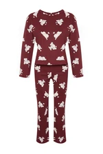 Trendyol Claret Red 100% Cotton Elephant Patterned Tshirt-Pants and Knitted Pajamas Set