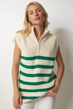 Happiness İstanbul Women's Cream Green Zippered Collar Striped Sweater