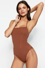 Trendyol Brown Square Collar Contrasting Regular Leg Swimsuit