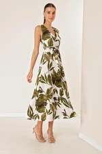 By Saygı Double-breasted Collar With Belted Waist Leaf Patterned Seersucker Dress Khaki