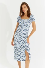 Cool & Sexy Women's Blue Pleated Front Floral Midi Dress DY704