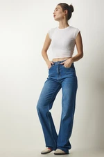 Happiness İstanbul Women's Blue High Waist Straight Leg Denim Trousers