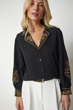 Happiness İstanbul Women's Black Embroidered Balloon Sleeve Stylish Shirt