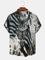 Men Butterfly Print Soft Short Sleeve Front Buttons Shirts