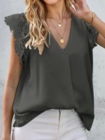 Solid Lace Patchwork V Neck Casual Blouse