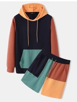 Mens Color Block Patchwork Kangaroo Pocket Hoodie Two Pieces Outfits