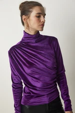 Happiness İstanbul Women's Purple Gathered Collar Elegant Velvet Blouse