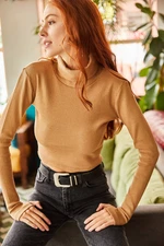 Olalook Women's Camel Turtleneck Finger Detail Lycra Crop Blouse