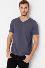 Trendyol Anthracite Men's Basic Regular/Regular Cut V-Neck 100% Cotton Flared Single Jersey T-Shirt