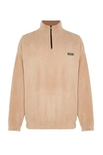 Trendyol Beige Men's Oversize/Wide Fit Sweatshirt with a Zipper Stand-Up Collar Thick Fleece/Plush with Labels.