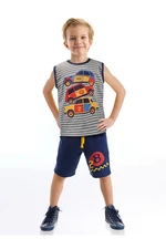 Denokids Taxi Boy Boy Striped Gray T-shirt, Navy Blue Printed Shorts Set.