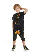 Denokids Woof Boys Black T-shirt Camouflage Khaki Capri Shorts Set