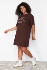 Trendyol Curve Brown Motto Printed Knitted T-shirt Dress